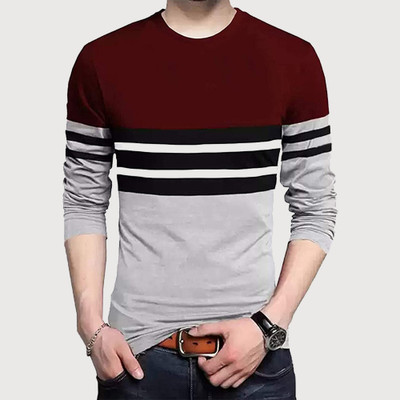 BLIVE Striped Men Round Neck Maroon, Grey T-Shirt