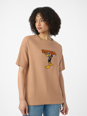 The Souled Store Embroidered Women Round Neck Beige T-Shirt