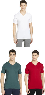 JOCKEY Solid Men V Neck Green, Red, White T-Shirt