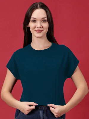 Novia Solid Women Round Neck Dark Blue T-Shirt