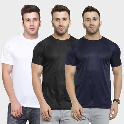TQH Solid Men Round Neck Dark Blue, White, Black T-Shirt