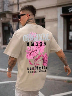 FURRR Printed Men Round Neck Beige T-Shirt