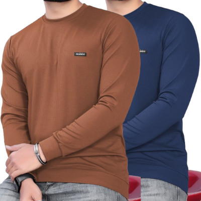 sti Solid Men Round Neck Brown, Blue T-Shirt