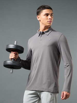 TECHNOSPORT Solid Men Polo Neck Grey T-Shirt