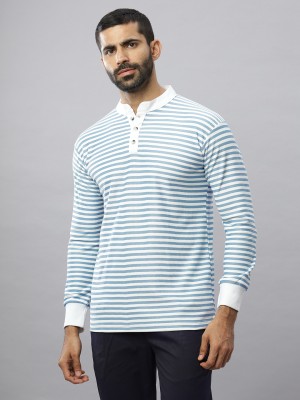 N AND J Striped Men Henley Neck Light Blue T-Shirt