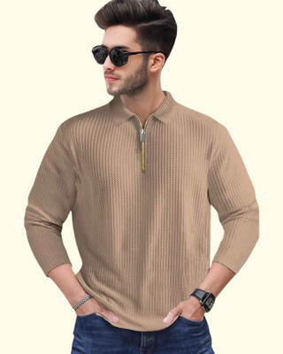 TELOXY Self Design Men Zip Neck Brown T-Shirt