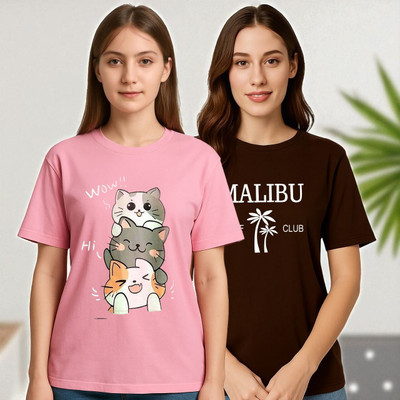 Elvia Printed Women Round Neck Pink, Brown T-Shirt