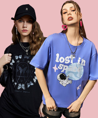 METRONAUT Printed Women Round Neck Black, Blue T-Shirt