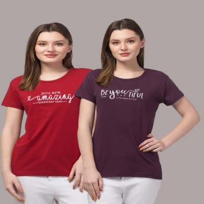 ZAVERA Typography Women Round Neck Reversible Maroon, Purple T-Shirt