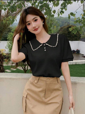 StreetWardrobe Solid Women Peter Pan Collar Black, White T-Shirt