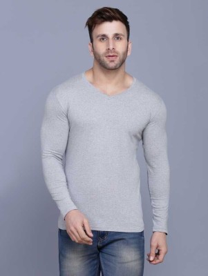 Neu Look Solid Men V Neck Grey T-Shirt