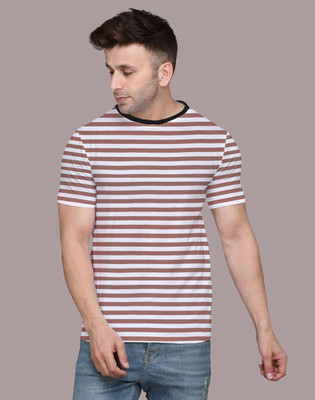 BEYOU FASHION Striped Men Round Neck Brown, White T-Shirt