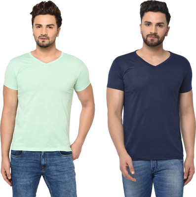 Tresna Fab Solid Men V Neck Light Green, Blue T-Shirt