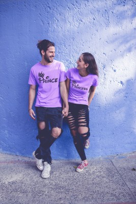 HouseOfCommon Printed Couple Round Neck Purple T-Shirt