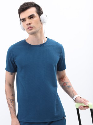 HIGHLANDER Self Design Men Round Neck Blue T-Shirt