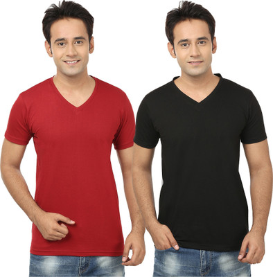 Tresna Trending Self Design, Solid Men V Neck Maroon, Black T-Shirt