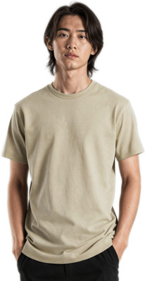 Huetana Solid Men Crew Neck Beige T-Shirt
