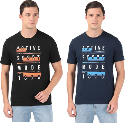JOCKEY Printed Men Round Neck Black, Dark Blue T-Shirt