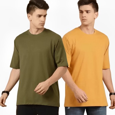 CLOFLIX Solid Men Round Neck Yellow, Dark Green T-Shirt