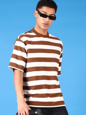 V-MART Striped Men Round Neck Brown, White T-Shirt