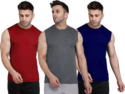 Think Tech Solid Men Round Neck Maroon, Grey, Dark Blue T-Shirt