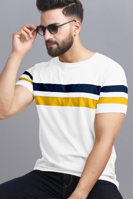 AOOSH Striped Men Round Neck White, Blue, Yellow T-Shirt