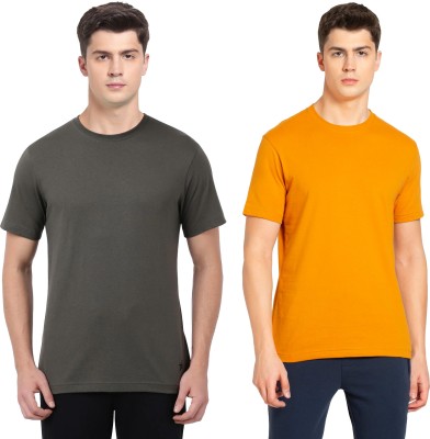 JOCKEY Solid Men Round Neck Dark Green, Yellow T-Shirt