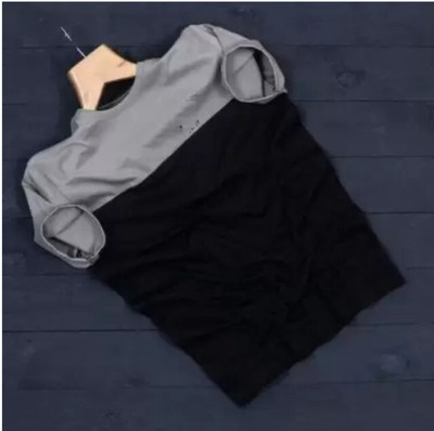 Meetri Colorblock Men Round Neck Black, Grey T-Shirt