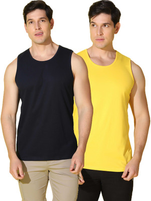 WOOSTRO Solid Men Scoop Neck Yellow, Black T-Shirt