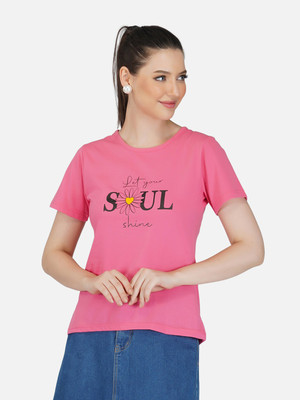 Unistreet Graphic Print Women Round Neck Pink T-Shirt