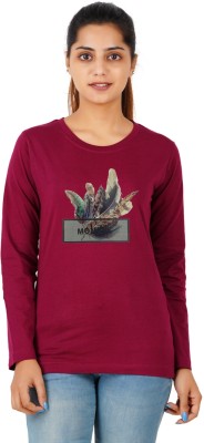 Ferocious Printed Women Round Neck Maroon T-Shirt