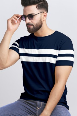 AOOSH Striped Men Round Neck Dark Blue, White T-Shirt