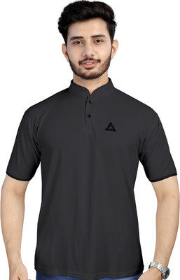 KH F Solid Men Mandarin Collar Black T-Shirt