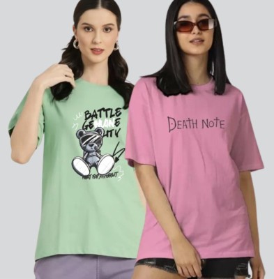 Lasmo Printed Women Round Neck Pink, Light Green T-Shirt