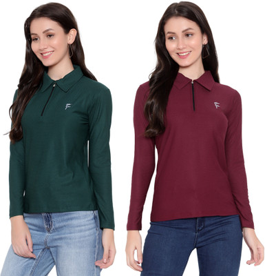 FASHA Solid Women Zip Neck Maroon T-Shirt