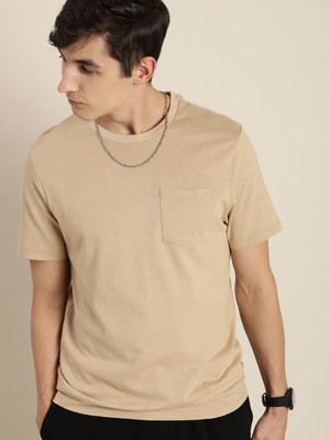 encore by INVICTUS Solid Men Round Neck Beige T-Shirt