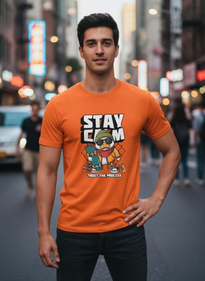 Stylewill Printed Men Round Neck Orange T-Shirt