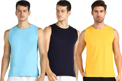 Tresna Fab Solid Men Round Neck Blue, Dark Blue, Yellow T-Shirt