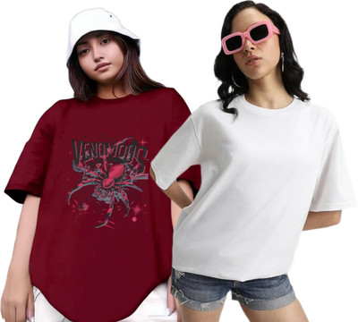 RS FASHION Printed Women Round Neck Maroon, White T-Shirt
