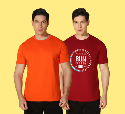 WOOSTRO Solid Men Round Neck Orange, Red T-Shirt