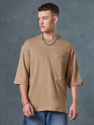 BEWAKOOF Solid Men Round Neck Brown T-Shirt