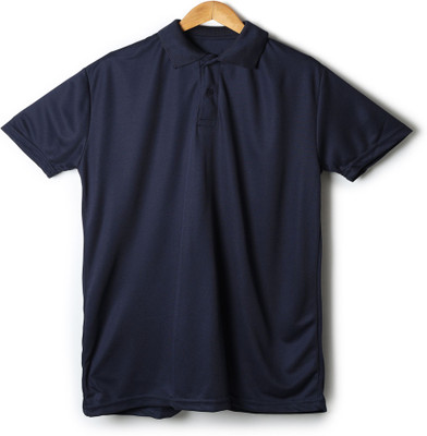 Global Hub Solid Men Polo Neck Navy Blue T-Shirt