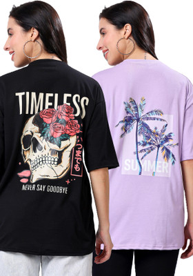 TQH Graphic Print Women Round Neck Purple, Black T-Shirt