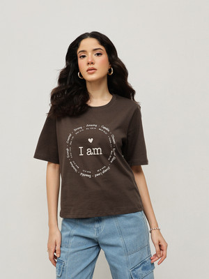 Espresso Printed Women Round Neck Brown T-Shirt