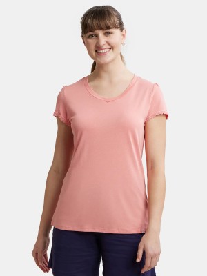 JOCKEY Solid Women V Neck Pink T-Shirt