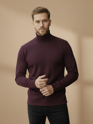 Mast & Harbour Solid Men High Neck Maroon T-Shirt