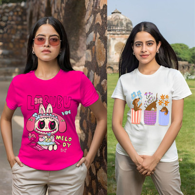 Kasendra Printed Women Round Neck Pink, White T-Shirt