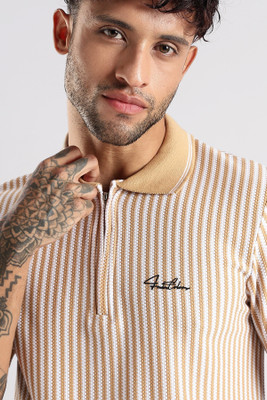 LONDON COLORS Striped Men Polo Neck Yellow T-Shirt