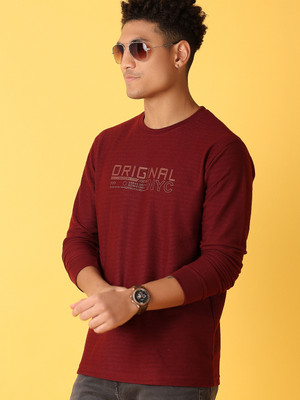 V-MART Printed Men Round Neck Maroon T-Shirt