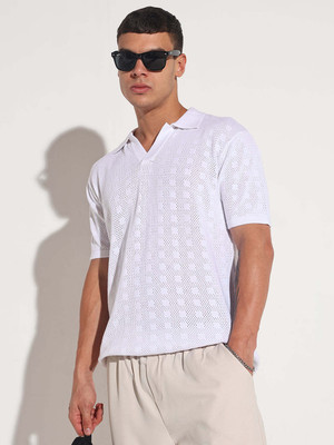 SHOWOFFFF Self Design Men Polo Neck White T-Shirt